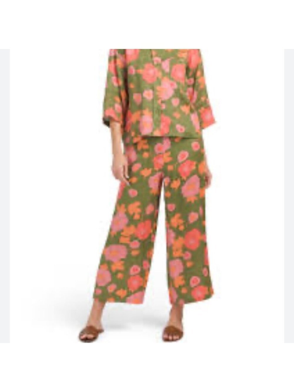 Magaschoni Small Linen Floral Pant Wide Leg Crop Travel Lightweight